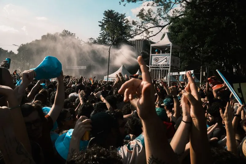 Cheering crowd with hands raised at a daytime music festival
