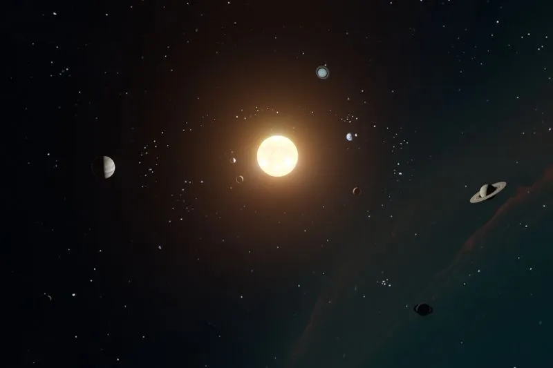 Illustration of the Sun surrounded by several planets of the solar system, including ringed Saturn