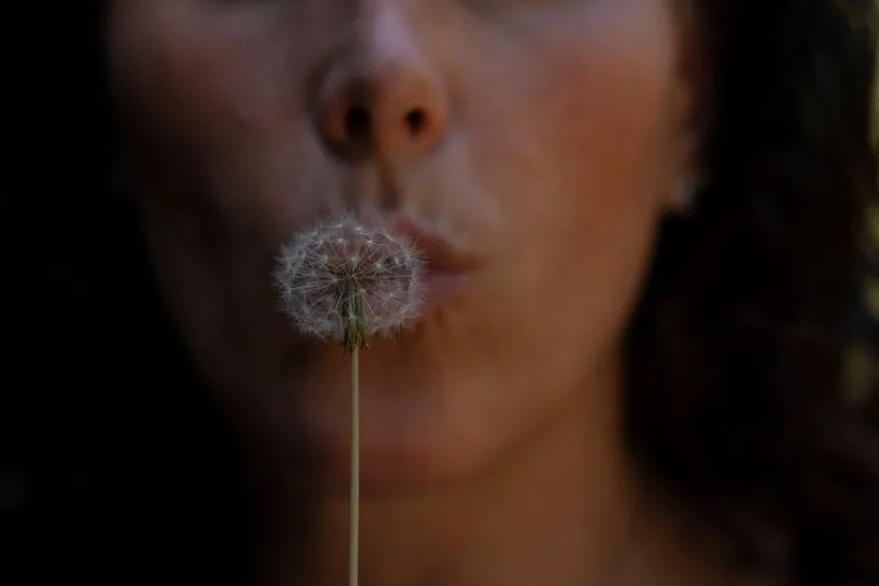 A woman blowing on a dandelion clock, her face blurred in the background