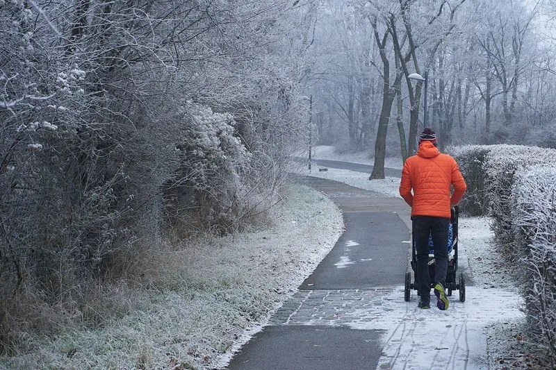 A man in an orange puffer jacket pushing a pram along a frosty park path in winter