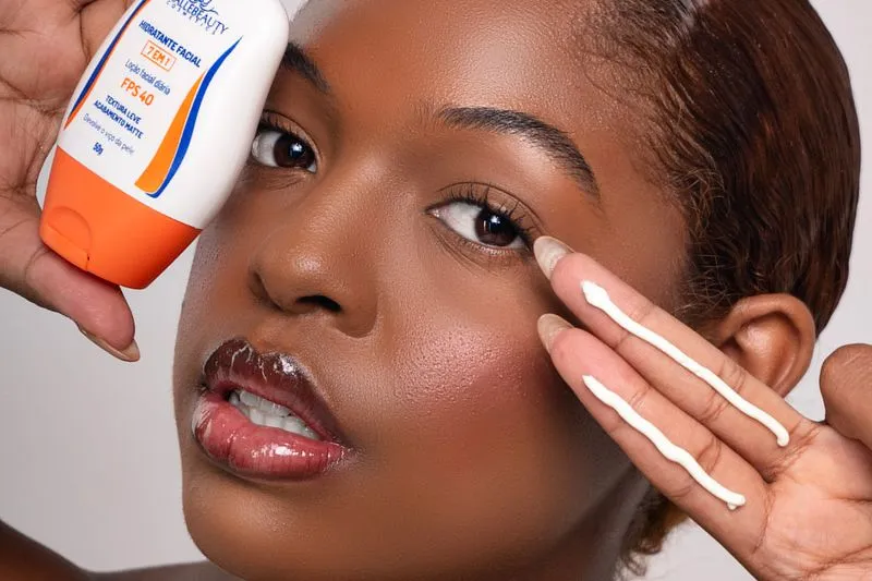 Woman holding an SPF40 face lotion, with two lines of cream along her index and middle fingers