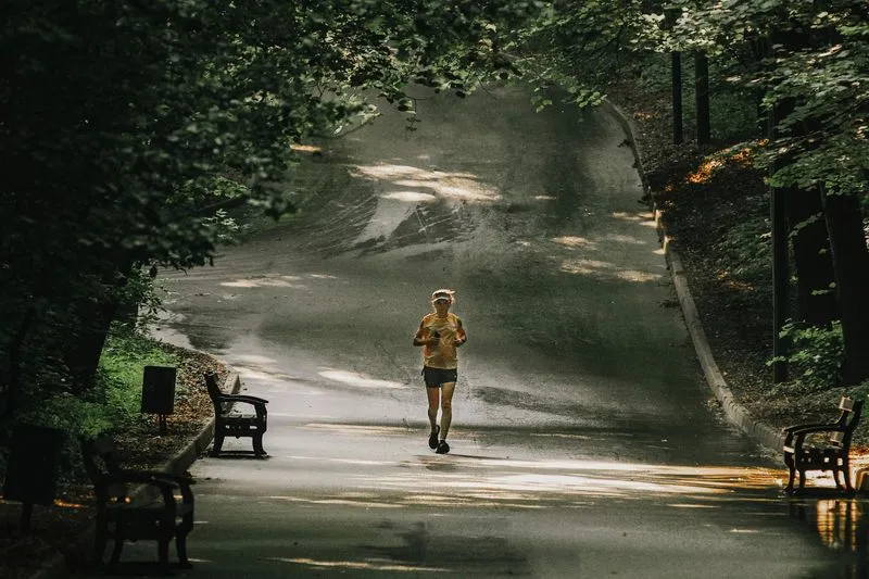 Lone runner on a shaded park path lined with trees and benches