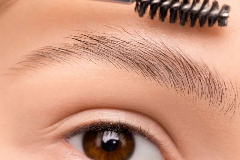 Close-up of a brow brushed upwards, with a spoolie brush just above it