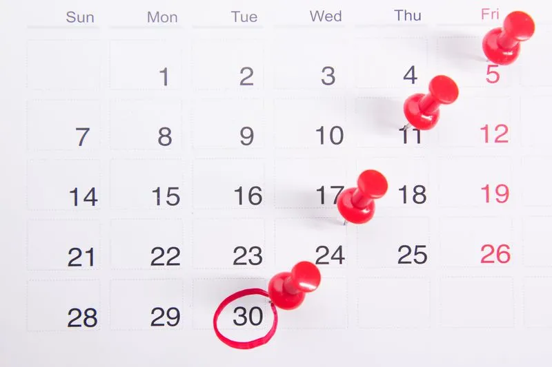 A calendar page with red drawing pins marking several days and one date circled in red