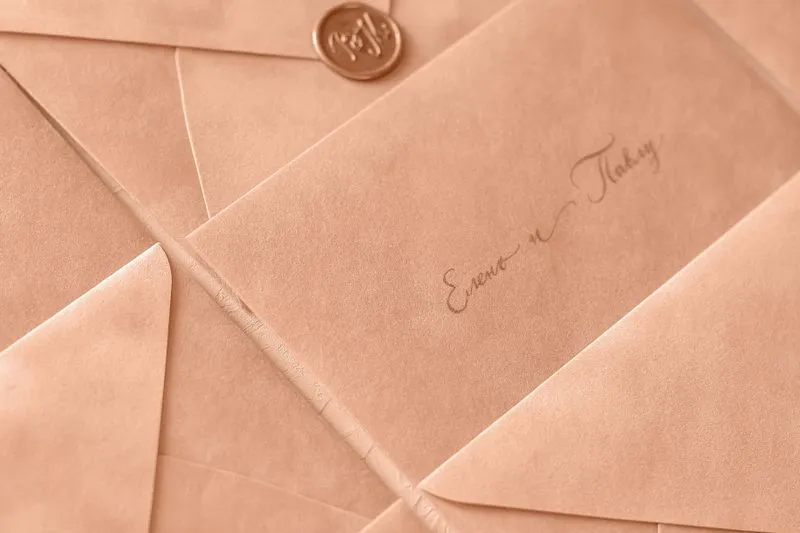 Blush-pink invitation envelopes, one closed with a wax seal, another bearing names in calligraphy