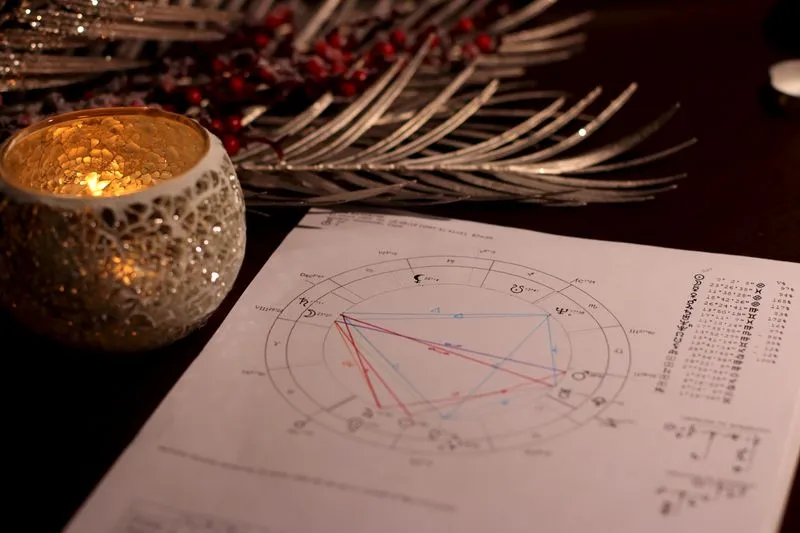 Printed birth chart with red and blue aspect lines and planet symbols, on a dark table beside a candle in a silver mosaic holder and a silvery branch with red berries