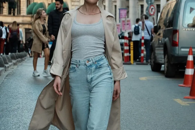 Woman in a long, open beige trench coat with the sleeves turned back, over a grey vest top and light high-waisted jeans, on a busy street