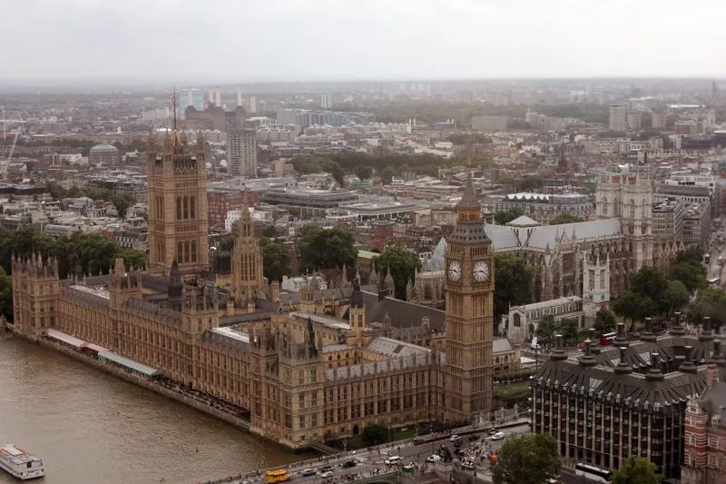 Aerial view of the Palace of Westminster, the Elizabeth Tower and the Thames, on an overcast day