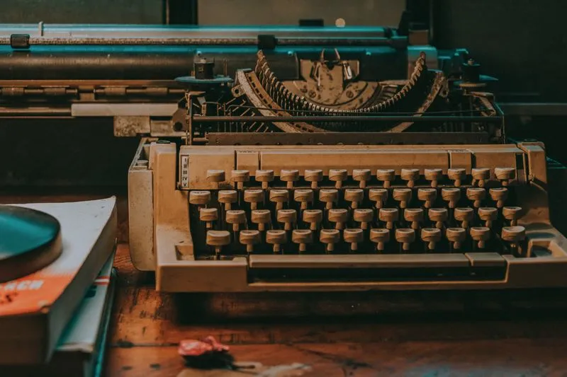 Close-up of a vintage typewriter's keyboard and carriage