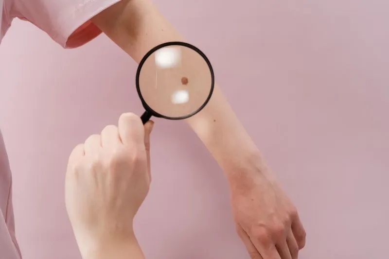 Hand holding a magnifying glass over the forearm to look closely at a mole