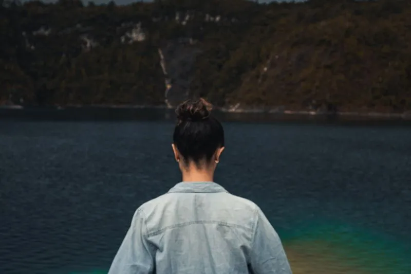The nape of a woman's neck, hair pinned up in a bun, seen from behind facing a lake