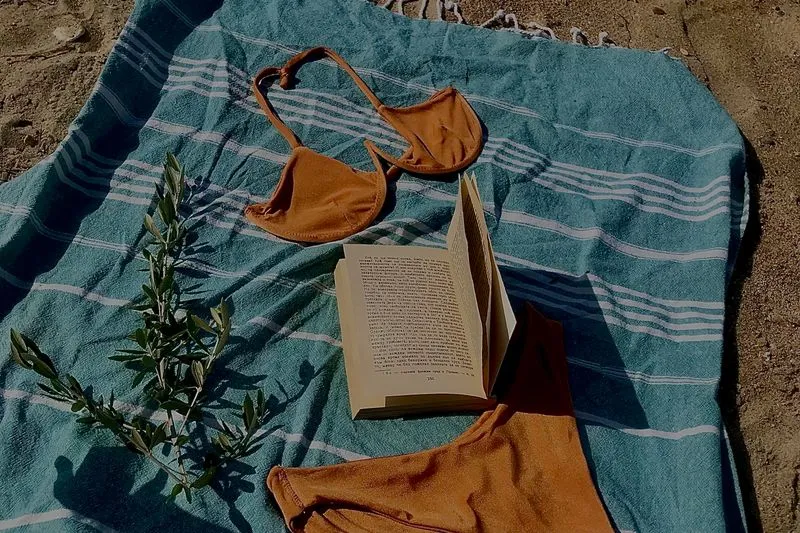 A rust-coloured bikini top and bottoms laid flat on a blue striped beach towel, next to an open book, on the sand
