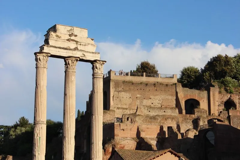The three Corinthian columns of the Temple of Castor and Pollux in the Roman Forum