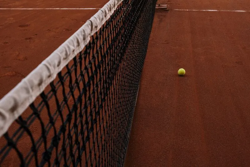 Net and tennis ball on an orange clay court, white lines visible
