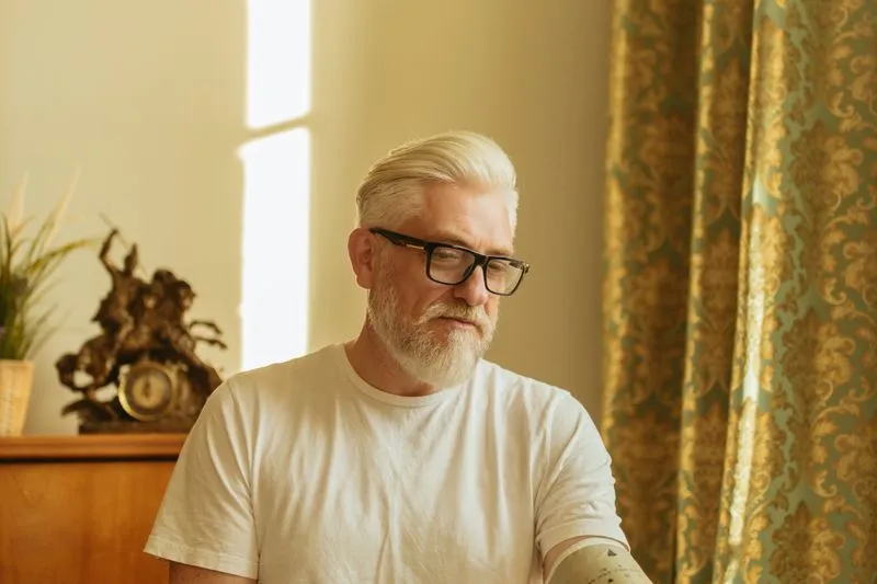 A white-haired man with a blood pressure cuff on his arm, taking a reading at home