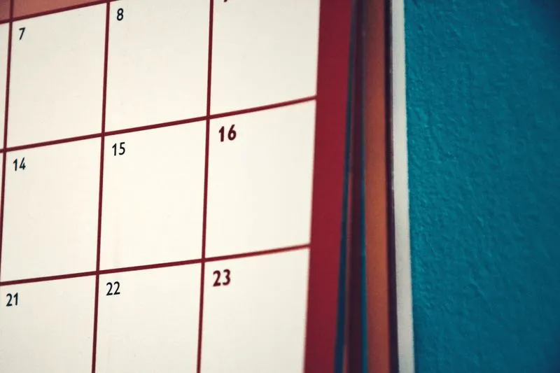Close-up of a wall calendar showing a grid of the month's dates