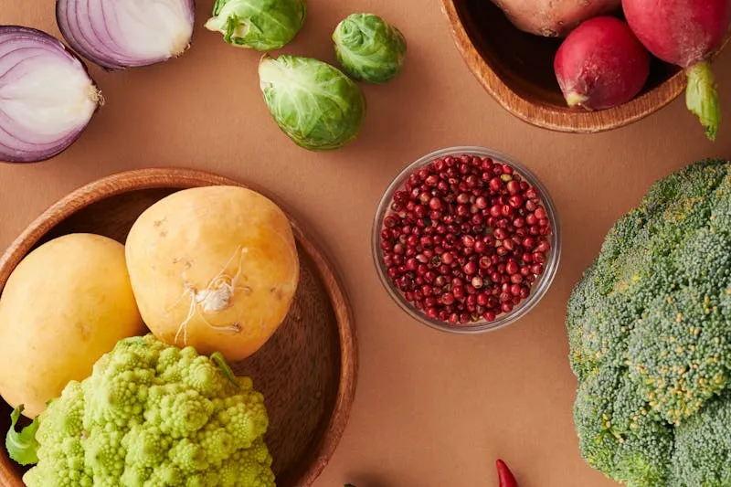Kitchen scales with fresh foods representing different diets