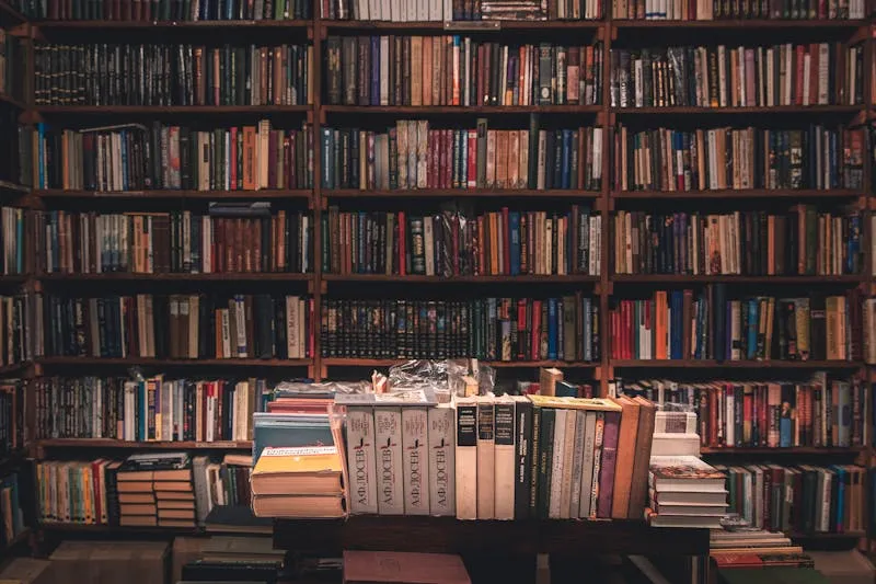 Stack of feminist books on a wooden bookshelf